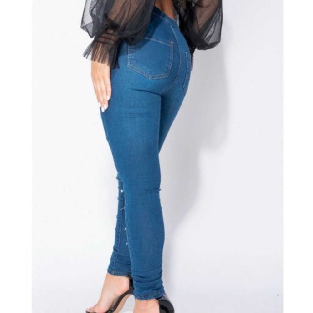 Blue High Waist Ripped Distressed Skinny Denim Jeggings Pants - Picture 7 of 13